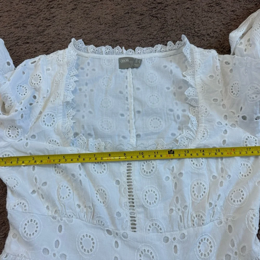 ASOS White Broderie Anglaise Dress Fit Flare Mini Square Neck Cotton 8 NEW - Picture 8 of 9